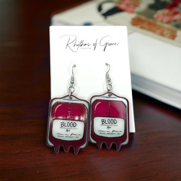 Blood Bag Dangle Earrings - Quirky & Unique Statement Jewelry for Medical Staff - Picture 5 of 9